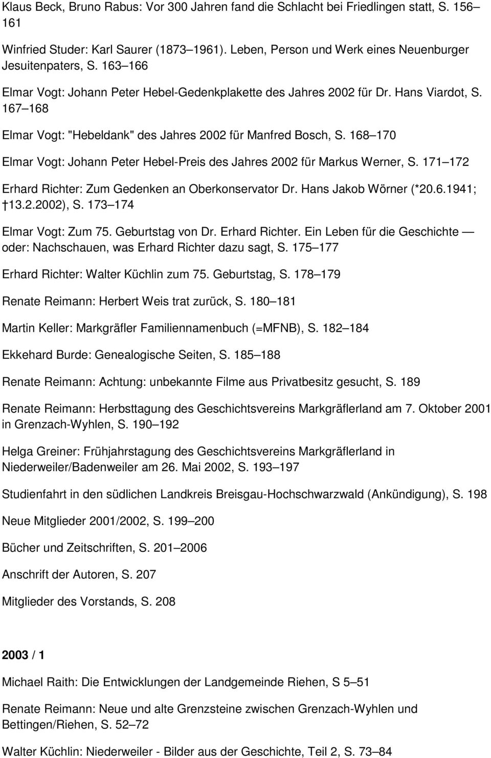 168 170 Elmar Vogt: Johann Peter Hebel-Preis des Jahres 2002 für Markus Werner, S. 171 172 Erhard Richter: Zum Gedenken an Oberkonservator Dr. Hans Jakob Wörner (*20.6.1941; 13.2.2002), S.