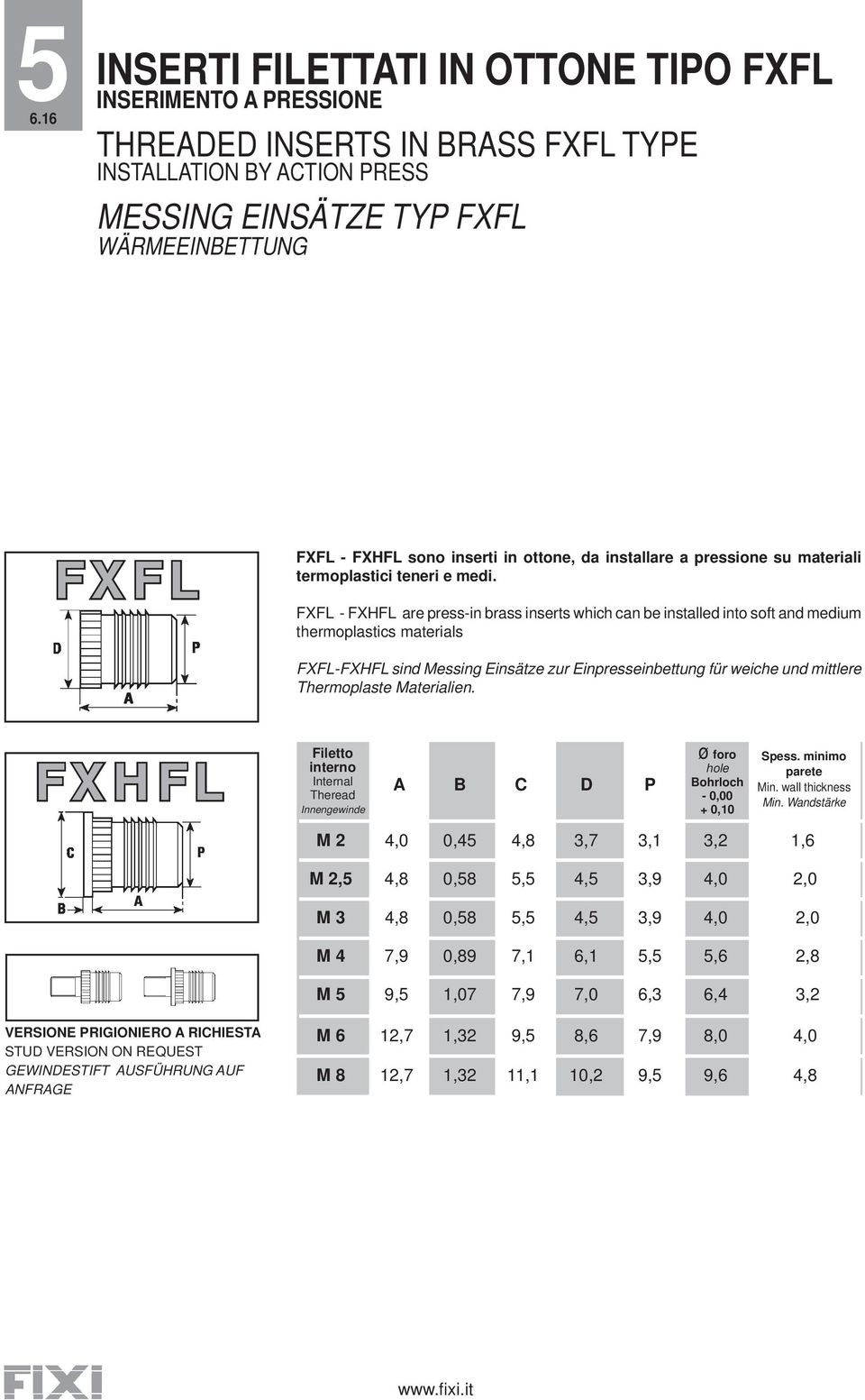 FXFL - FXHFL are press-in brass inserts which can be installed into soft and medium thermoplastics materials FXFL-FXHFL sind Messing Einsätze zur Einpresseinbettung für weiche und mittlere