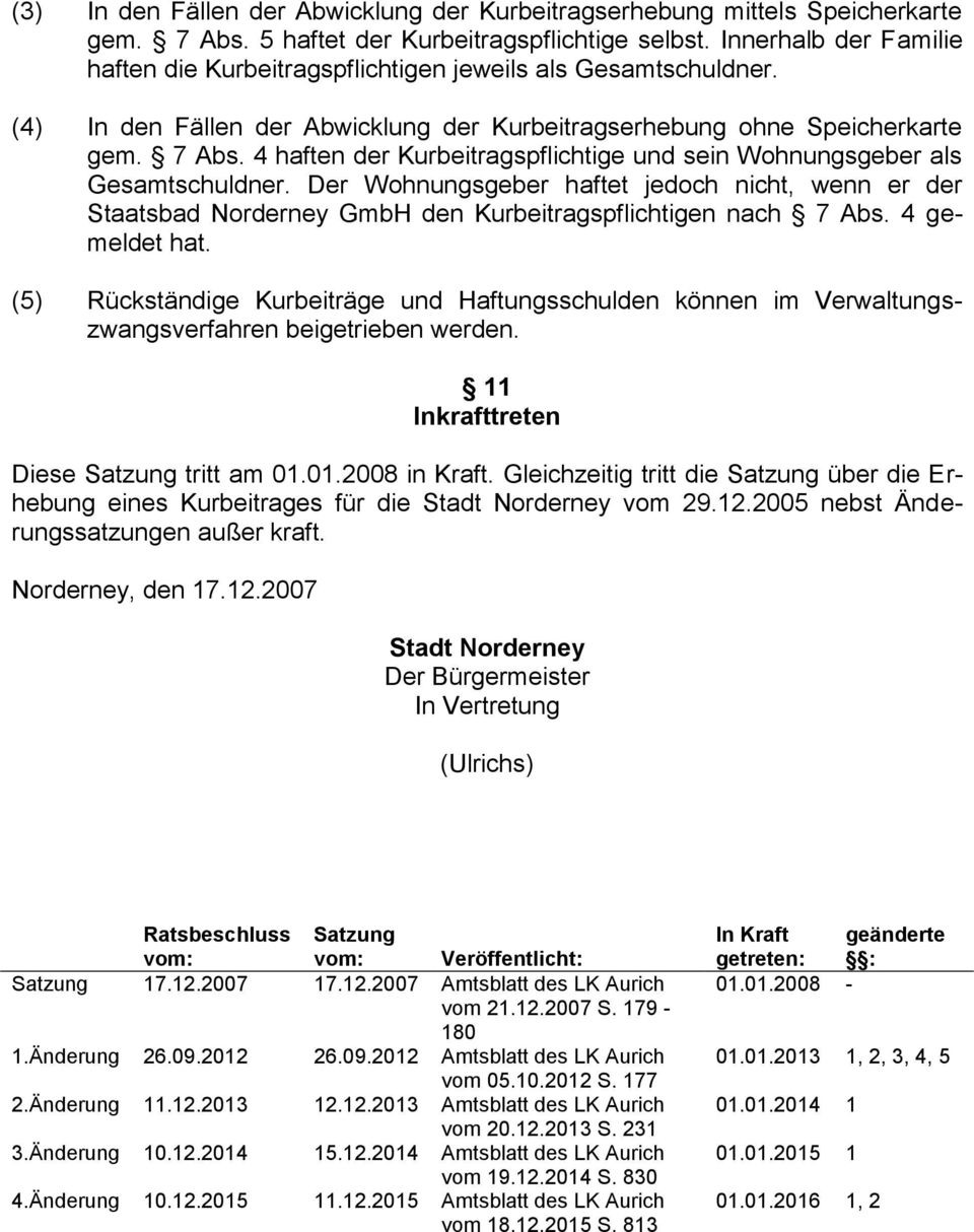 4 haften der Kurbeitragspflichtige und sein Wohnungsgeber als Gesamtschuldner. Der Wohnungsgeber haftet jedoch nicht, wenn er der Staatsbad Norderney GmbH den Kurbeitragspflichtigen nach 7 Abs.