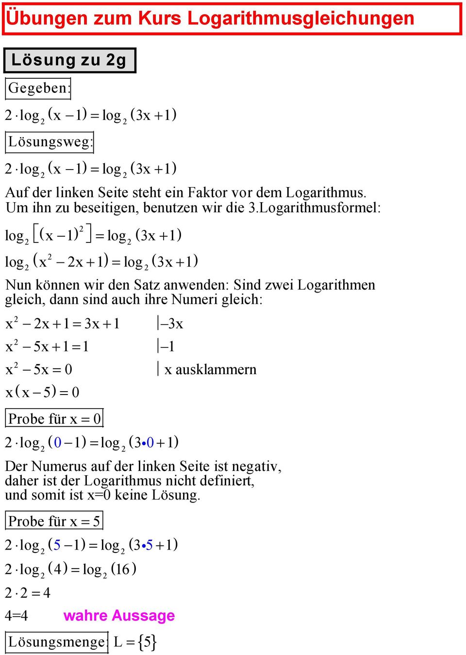 zwei Logarithmen gleich, dann sind auch ihre Numeri gleich: = + = ( i + ) Der Numerus auf der linken Seite ist negativ, daher ist der