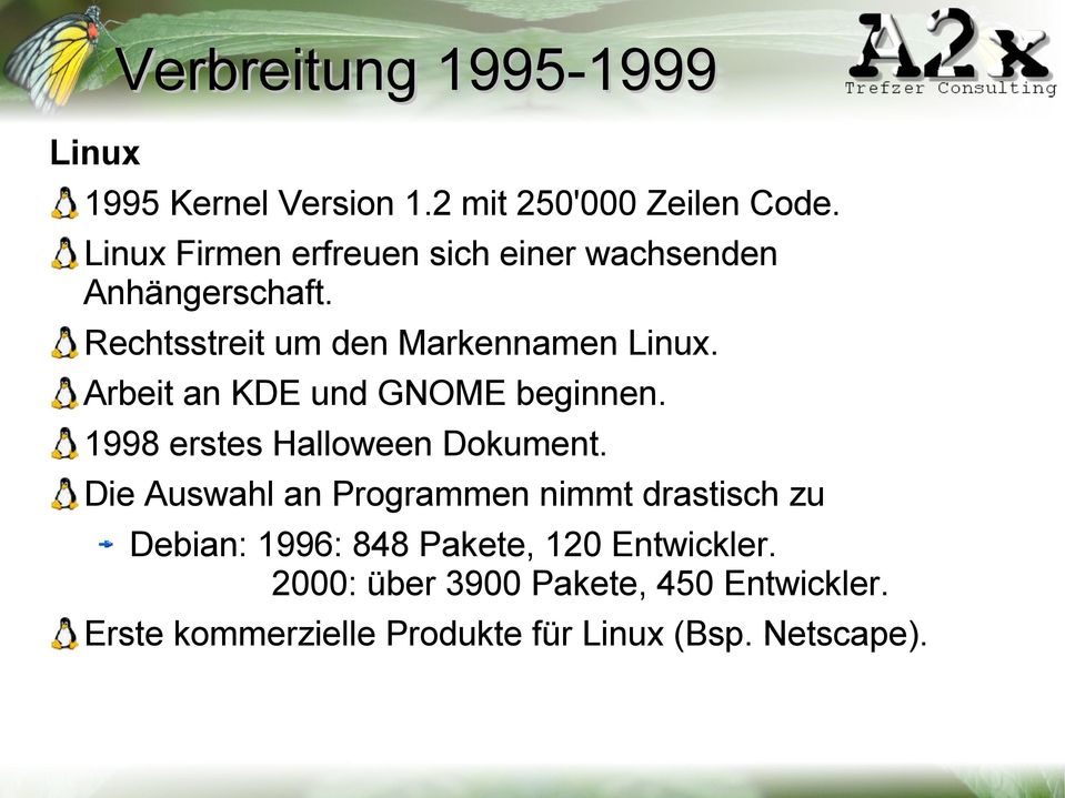 Arbeit an KDE und GNOME beginnen. 1998 erstes Halloween Dokument.