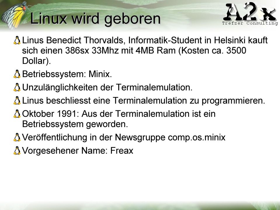 Unzulänglichkeiten der Terminalemulation. Linus beschliesst eine Terminalemulation zu programmieren.