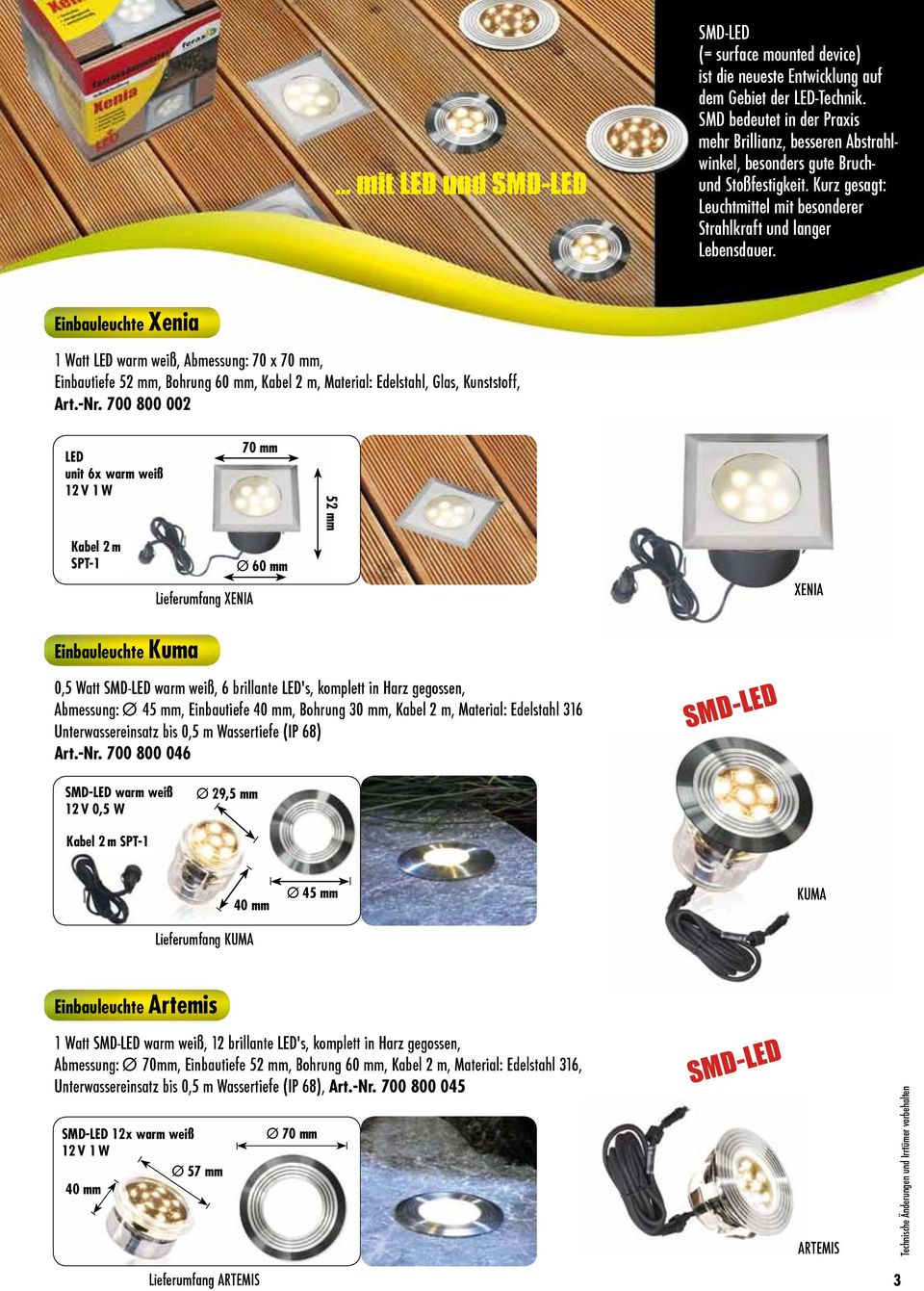 Einbauleuchte Xenia 1 Watt LED warm weiß, Abmessung: 70 x 70 mm, Einbautiefe 52 mm, Bohrung 60 mm, Kabel 2 m, Material: Edelstahl, Glas, Kunststoff, Art.-Nr.