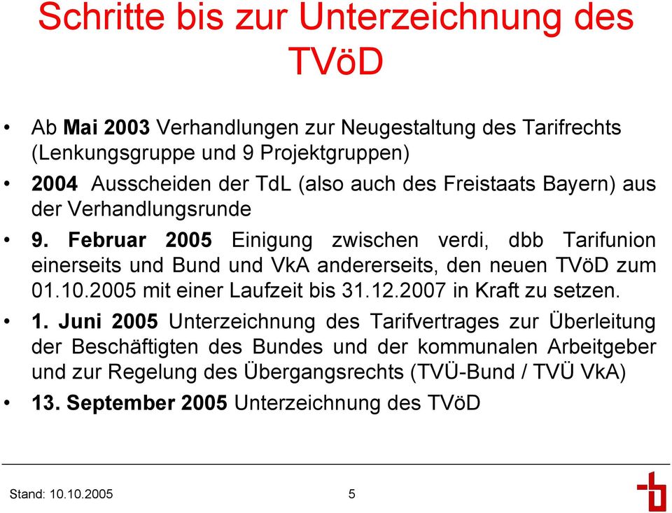 Februar 2005 Einigung zwischen verdi, dbb Tarifunion einerseits und Bund und VkA andererseits, den neuen TVöD zum 01.10.2005 mit einer Laufzeit bis 31.12.