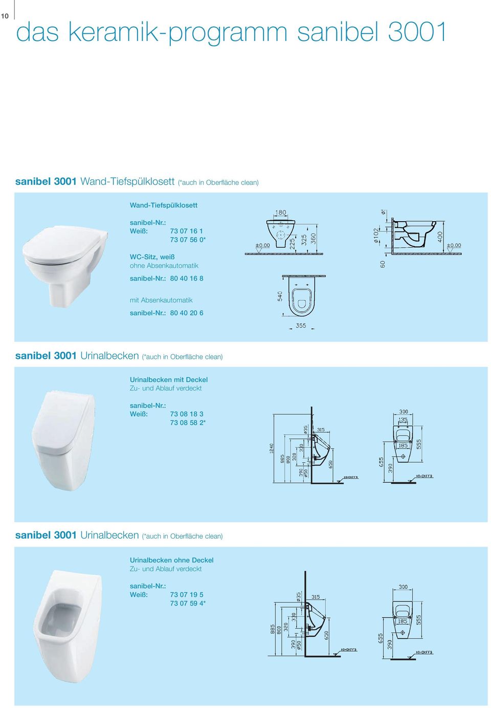 Urinalbecken (*auch in Oberfläche clean) Urinalbecken mit Deckel Zu- und Ablauf verdeckt Weiß: 73 08 18 3 73 08 58 2*