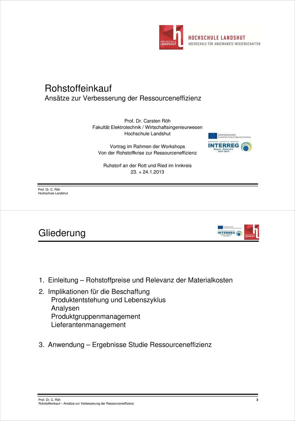 Ressourceneffizienz Ruhstorf an der Rott und Ried im Innkreis 23. + 24.1.2013 Hochschule Landshut Gliederung 1.
