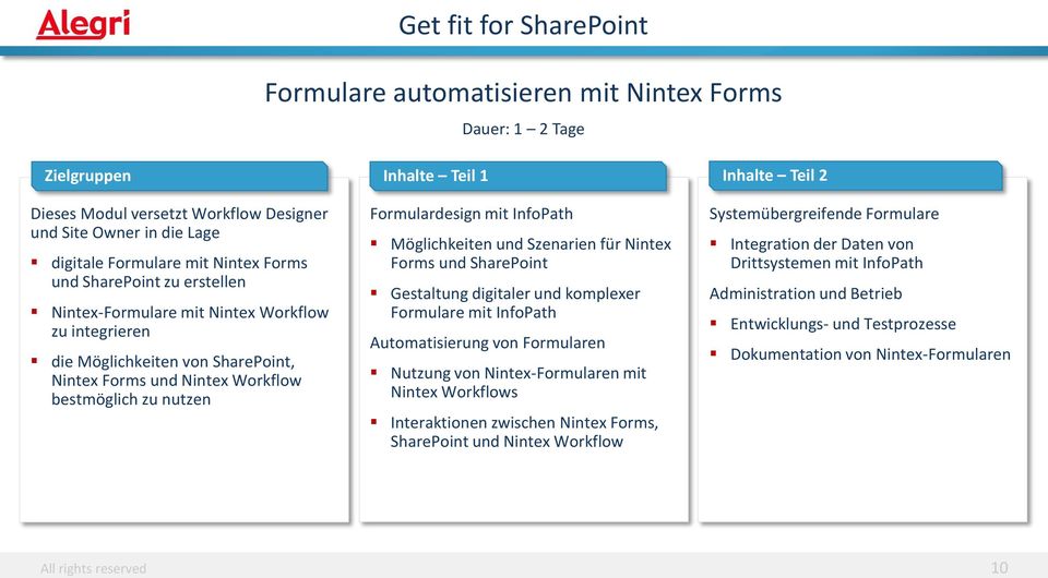 Möglichkeiten und Szenarien für Nintex Forms und SharePoint Gestaltung digitaler und komplexer Formulare mit InfoPath Automatisierung von Formularen Nutzung von Nintex-Formularen mit Nintex Workflows