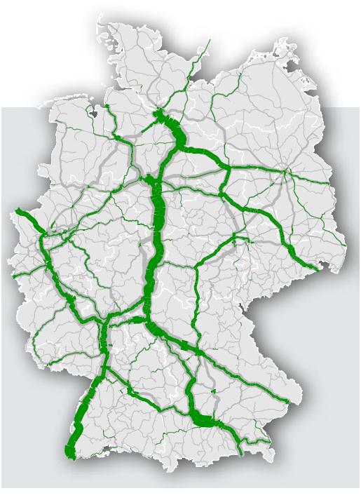 Mehr Güterverkehr auf der Schiene schafft Handlungsbedarf im gesamten deutschen Schienennetz Streckenauslastung 2025* Mehrung Züge 2030 1)
