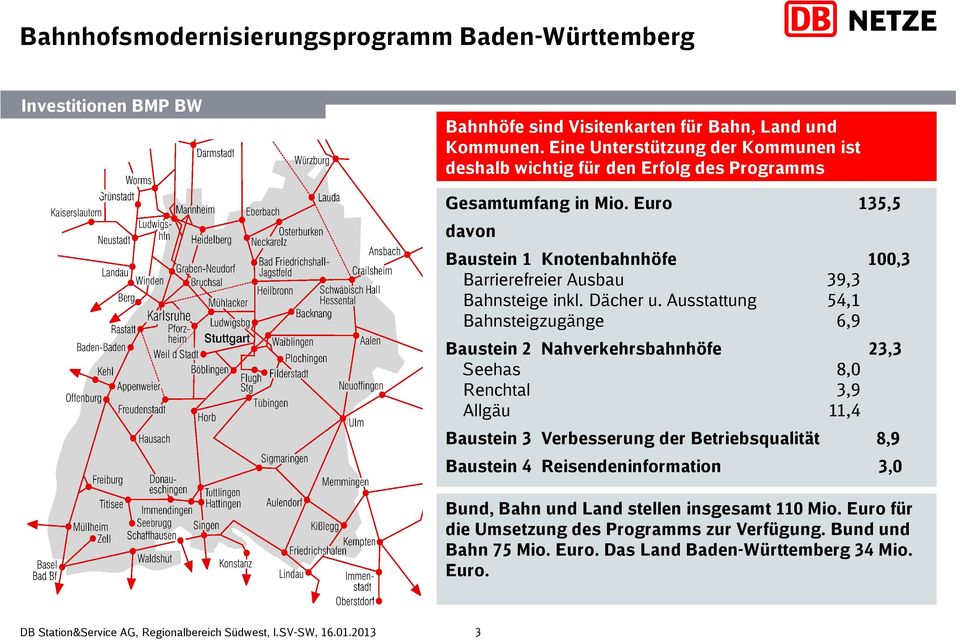 Euro 135,5 davon Baustein 1 Knotenbahnhöfe 100,3 Barrierefreier Ausbau 39,3 Bahnsteige inkl. Dächer u.