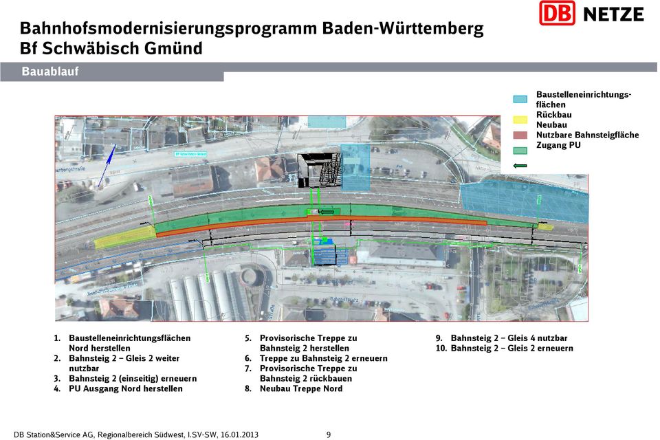 Bahnsteig 2 (einseitig) erneuern 4. PU Ausgang Nord herstellen 5. Provisorische Treppe zu Bahnsteig 2 herstellen 6.