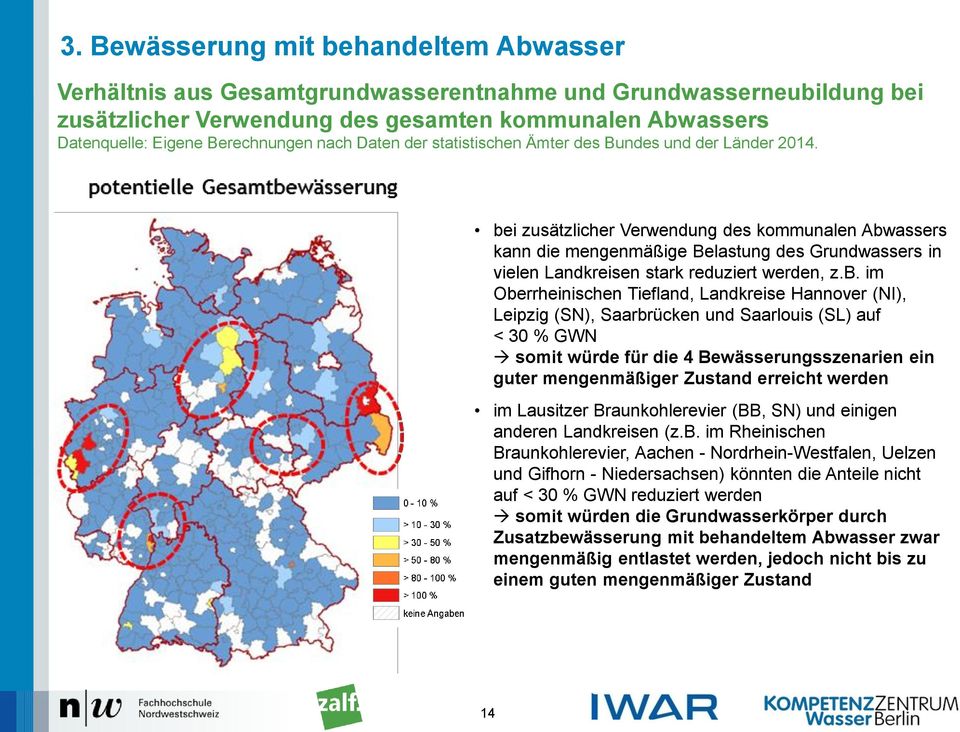 bei zusätzlicher Verwendung des kommunalen Abwassers kann die mengenmäßige Belastung des Grundwassers in vielen Landkreisen stark reduziert werden, z.b. im Oberrheinischen Tiefland, Landkreise