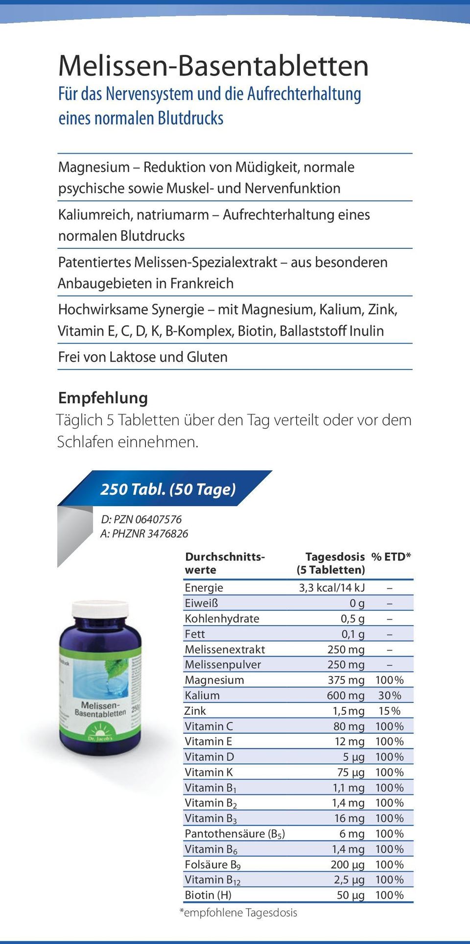 D, K, B-Komplex, Biotin, Ballaststoff Inulin Frei von Laktose und Gluten Empfehlung Täglich 5 Tabletten über den Tag verteilt oder vor dem Schlafen einnehmen. 250 Tabl.