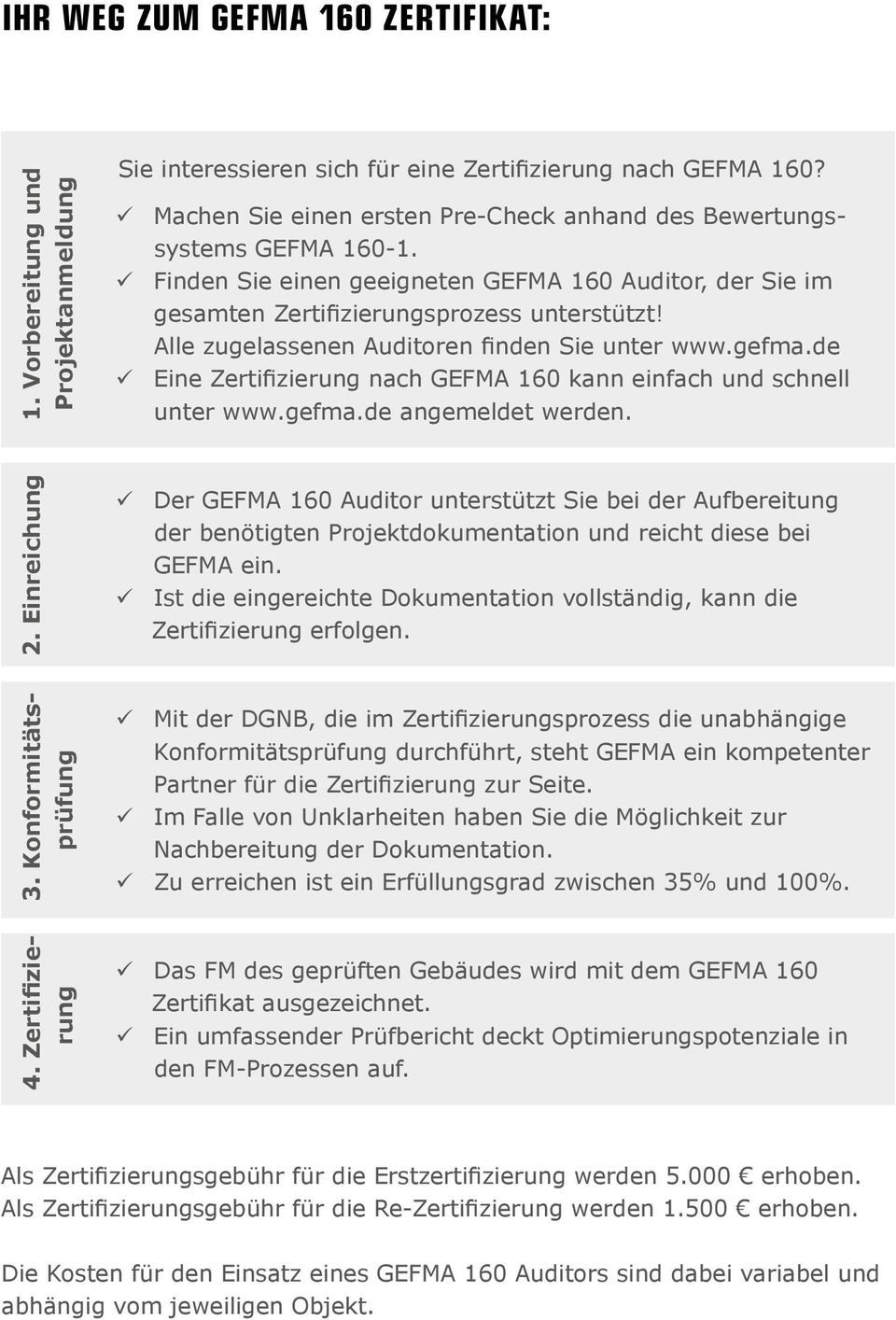 Alle zugelassenen Auditoren finden Sie unter www.gefma.de Eine Zertifizierung nach GEFMA 160 kann einfach und schnell unter www.gefma.de angemeldet werden. 2.