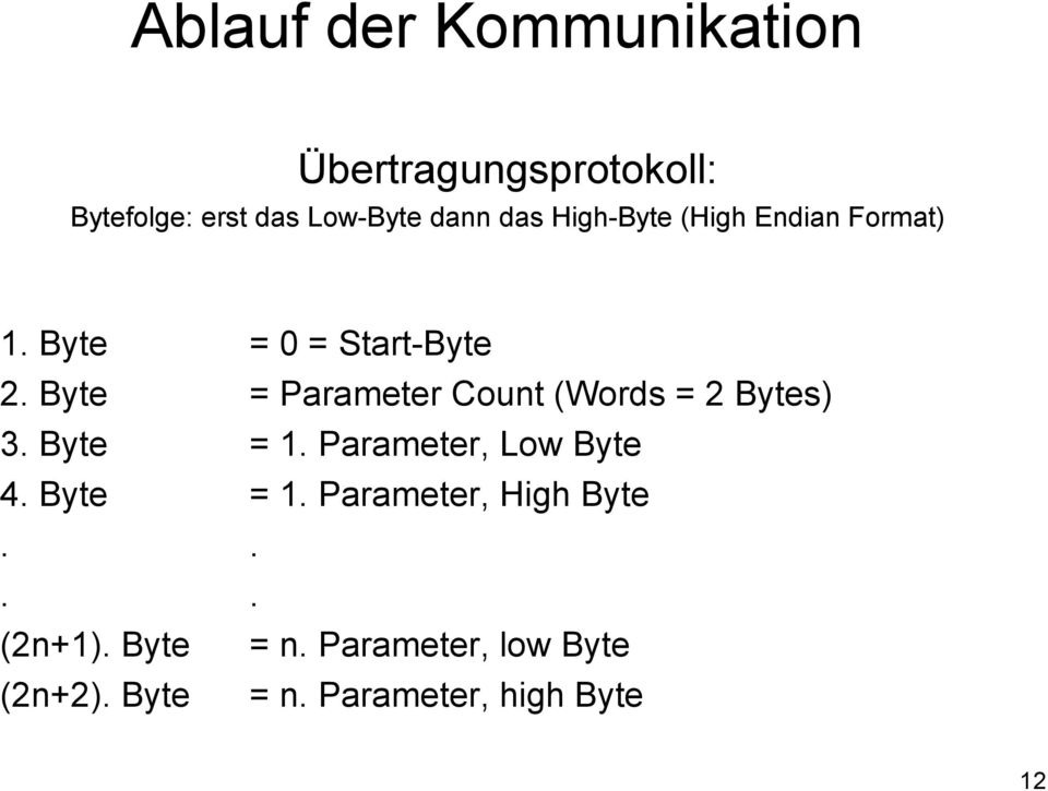 Byte = Parameter Count (Words = 2 Bytes) 3. Byte = 1. Parameter, Low Byte 4.
