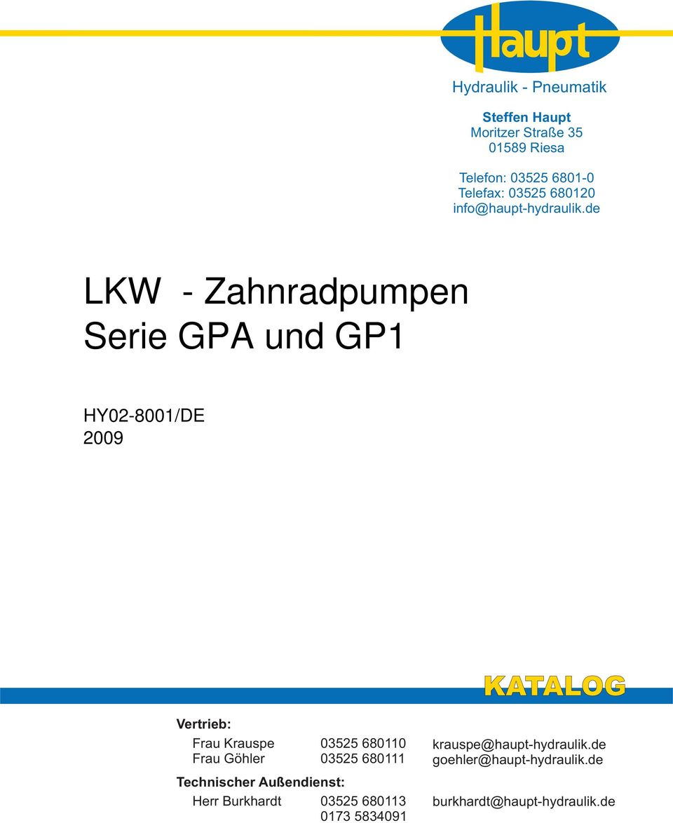 de LKW - Zahnradpumpen HY2-1/DE 29 KATALOG Vertrieb: Frau Krauspe Frau Göhler 3525 611