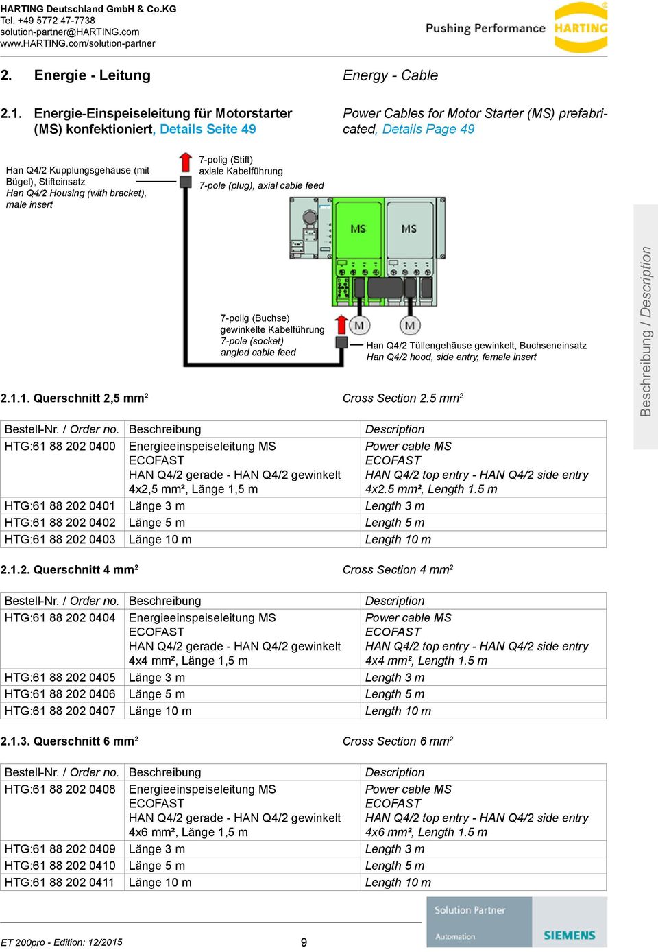 Power Cables for Motor Starter (MS) prefabricated, Details Page 49 Han Q4/2 Kupplungsgehäuse (mit Bügel), Stifteinsatz Han Q4/2 Housing (with bracket), male insert 7-polig (Stift) axiale Kabelführung