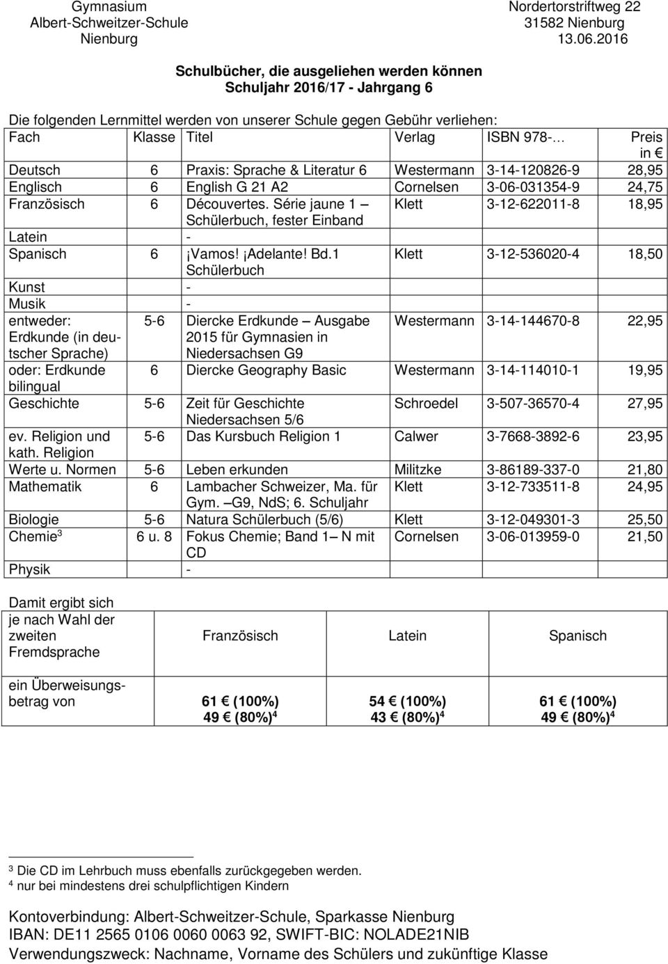 Deutsch 6 Praxis: Sprache & Literatur 6 Westermann 3-14-120826-9 28,95 Englisch 6 English G 21 A2 Cornelsen 3-06-031354-9 24,75 Französisch 6 Découvertes.