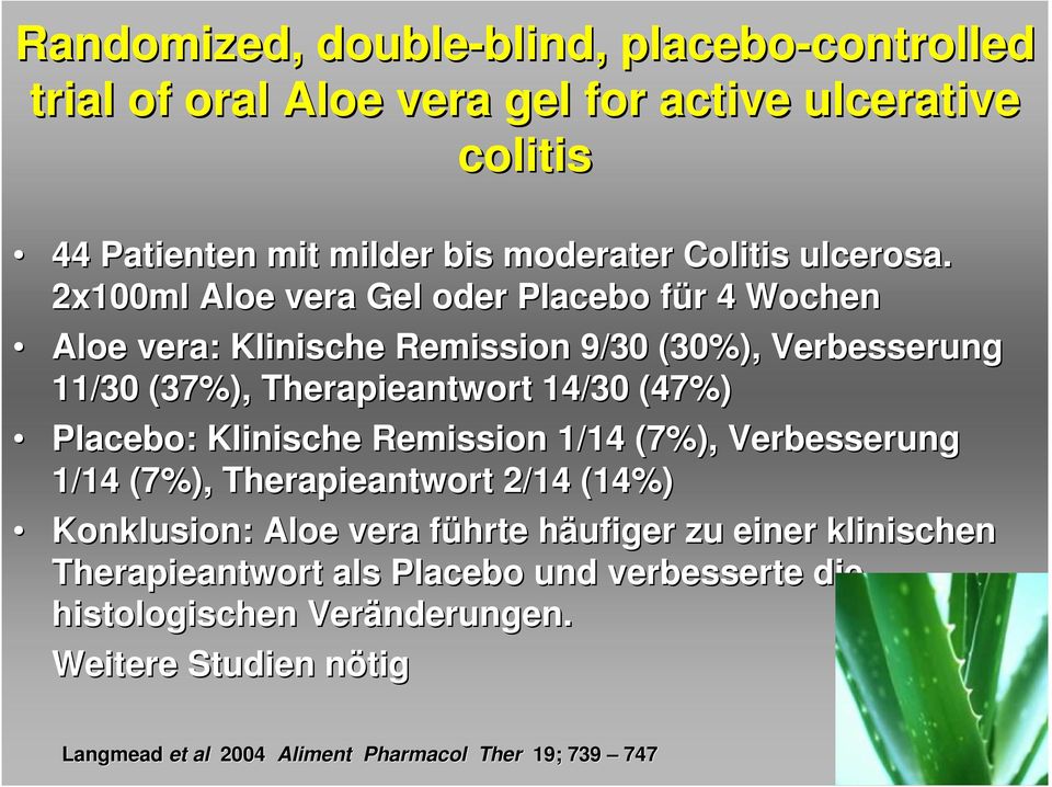 2x100ml Aloe vera Gel oder Placebo für f r 4 Wochen Aloe vera: : Klinische Remission 9/30 (30%), Verbesserung 11/30 (37%), Therapieantwort 14/30 (47%)
