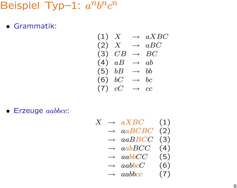 (7) cc cc Erzeuge aabbcc: X axbc (1) aabcbc (2)