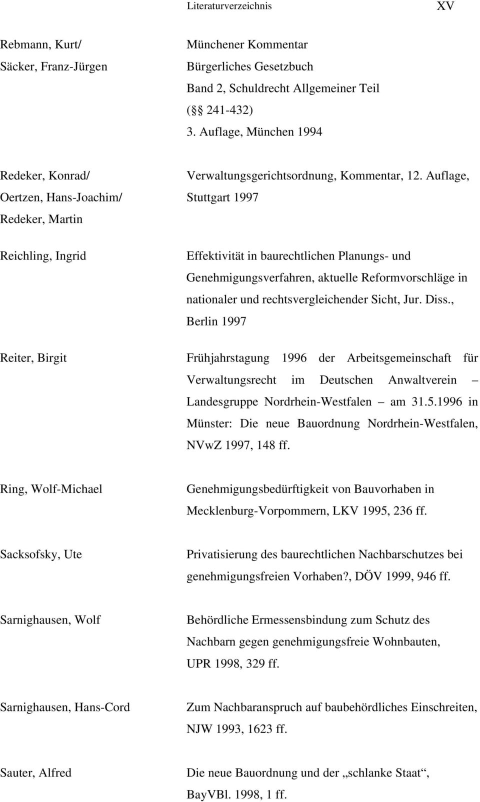 Auflage, Oertzen, Hans-Joachim/ Stuttgart 1997 Redeker, Martin Reichling, Ingrid Reiter, Birgit Effektivität in baurechtlichen Planungs- und Genehmigungsverfahren, aktuelle Reformvorschläge in