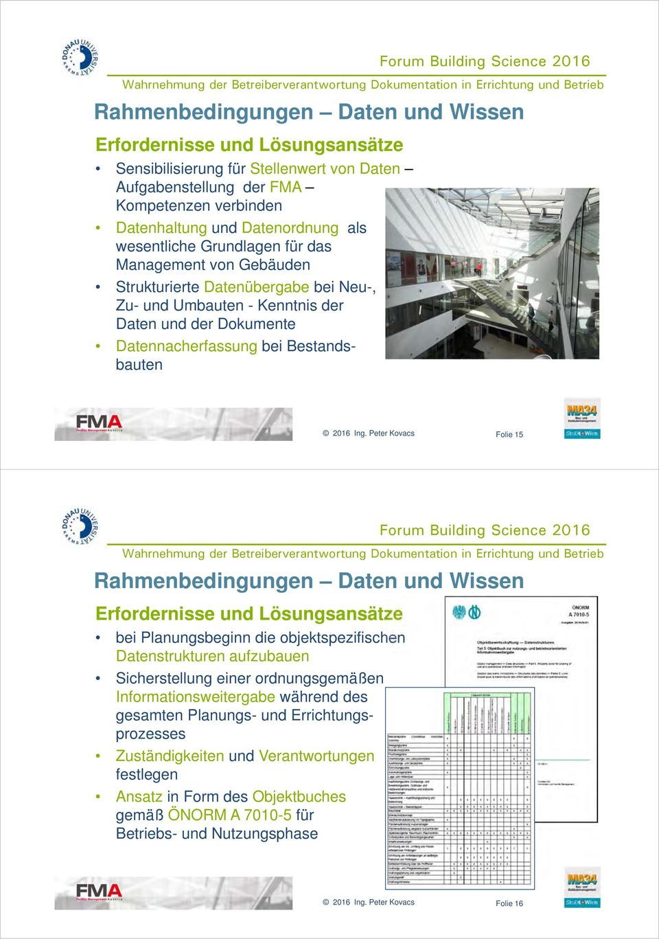 Folie 15 Erfordernisse und Lösungsansätze bei Planungsbeginn die objektspezifischen Datenstrukturen aufzubauen Sicherstellung einer ordnungsgemäßen Informationsweitergabe während