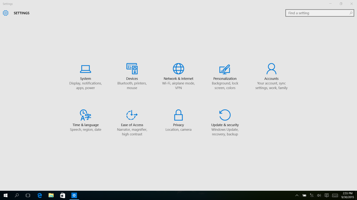 Windows 10 Einstellungsbildschirm (Systemsteuerung) Hier befindet sich Ihre Systemsteuerung.