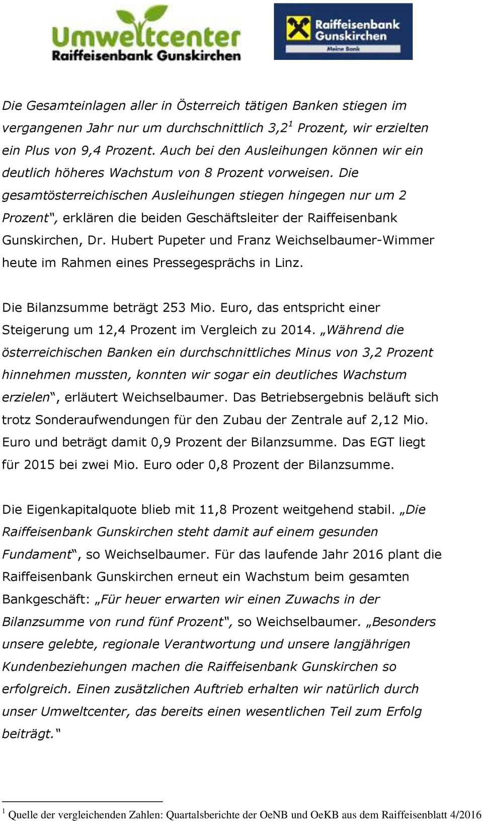 Die gesamtösterreichischen Ausleihungen stiegen hingegen nur um 2 Prozent, erklären die beiden Geschäftsleiter der Raiffeisenbank Gunskirchen, Dr.