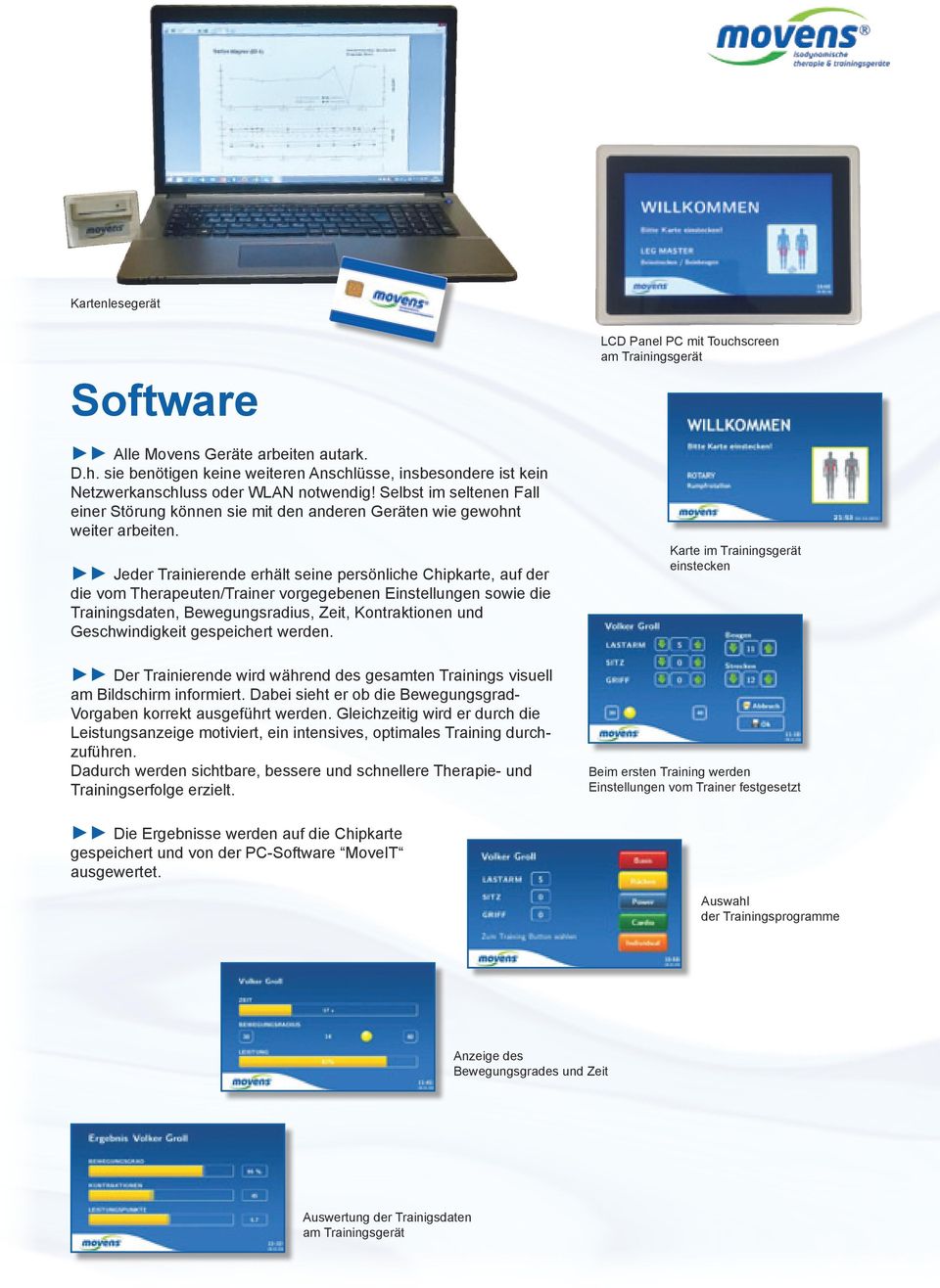Jeder Trainierende erhält seine persönliche Chipkarte, auf der die vom Therapeuten/Trainer vorgegebenen Einstellungen sowie die Trainingsdaten, Bewegungsradius, Zeit, Kontraktionen und