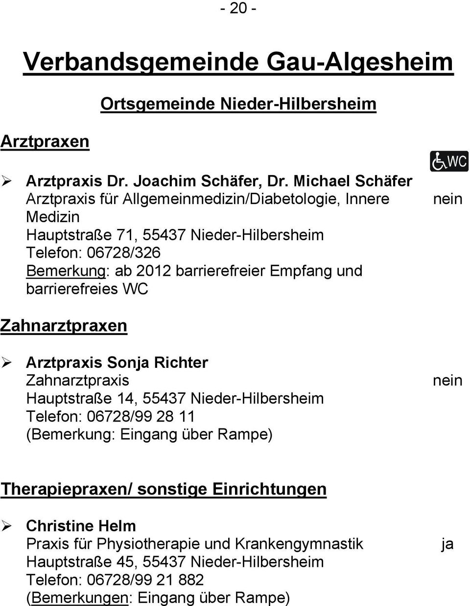 2012 barrierefreier Empfang und barrierefreies WC Zahnarztpraxen Arztpraxis Son Richter Zahnarztpraxis Hauptstraße 14, 55437 Nieder-Hilbersheim Telefon: