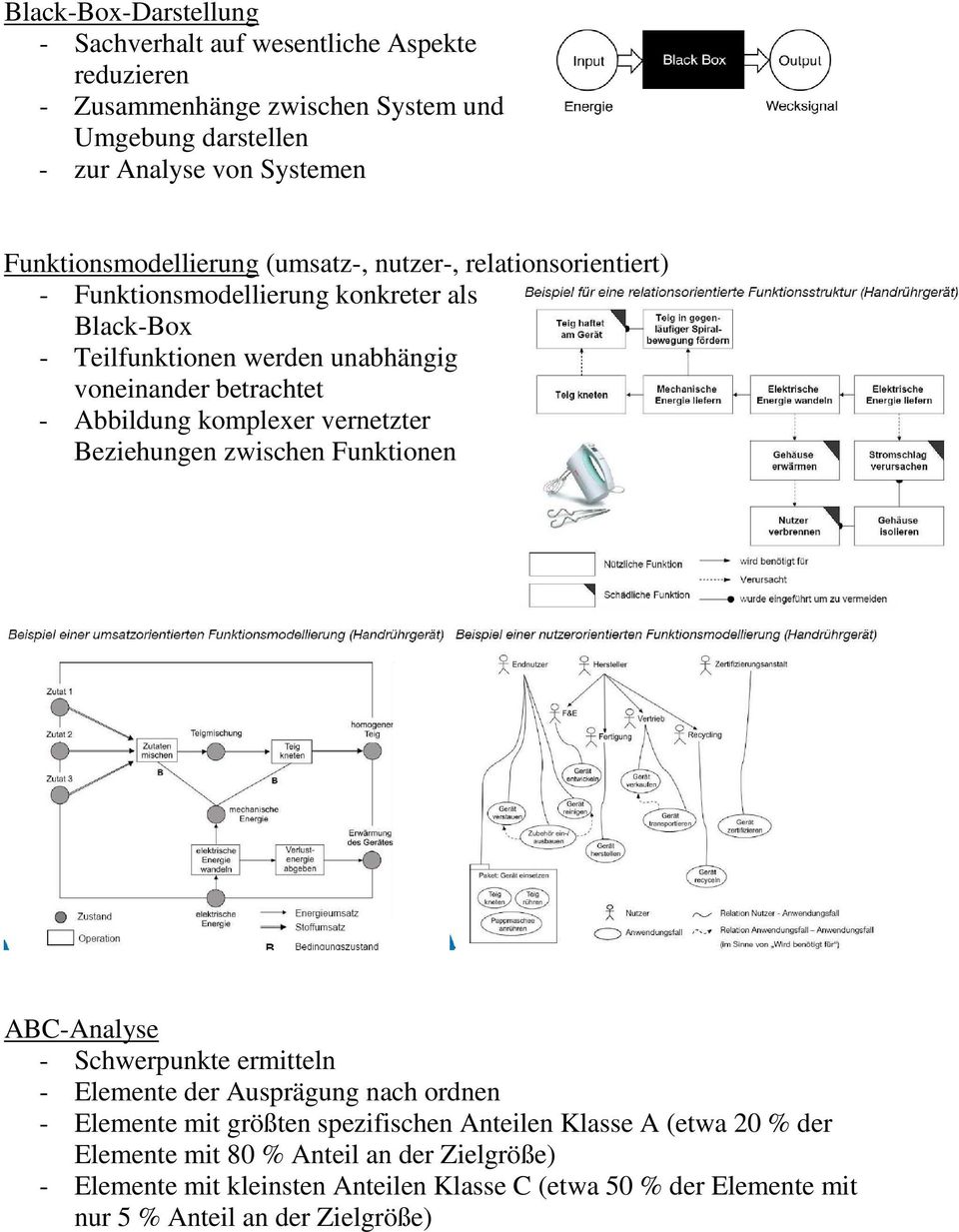 Abbildung komplexer vernetzter Beziehungen zwischen Funktionen ABC-Analyse - Schwerpunkte ermitteln - Elemente der Ausprägung nach ordnen - Elemente mit größten