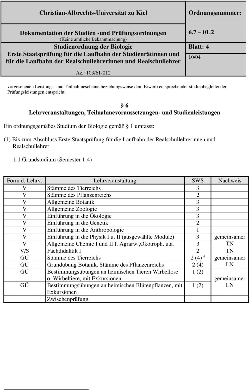 Realschullehrerinnen und Realschullehrer 1.1 Grundstudium (Semester 1-4) Form d. Lehrv.