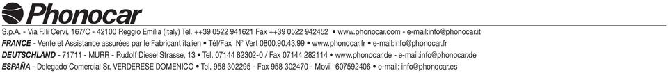 fr DEUTSCHLAND - 71711 - MURR - Rudolf Diesel Strasse, 13 Tel. 07144 82302-0 / Fax 07144 282114 www.phonocar.de - e-mail:info@phonocar.