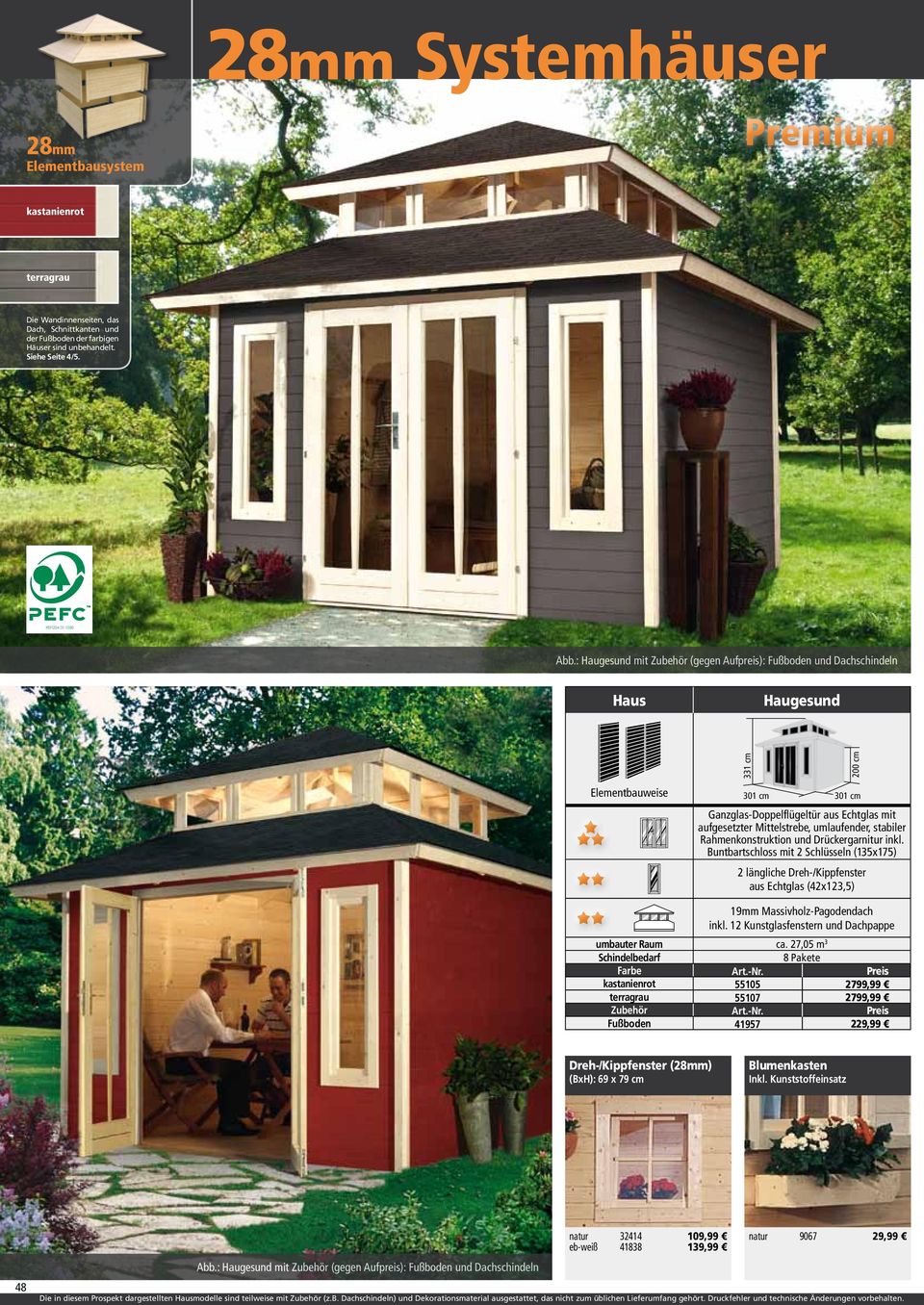 Rahmenkonstruktion und Drückergarnitur inkl. Buntbartschloss mit 2 Schlüsseln (135x175) 2 längliche Dreh-/Kippfenster aus Echtglas (42x123,5) 19mm Massivholz-Pagodendach inkl.