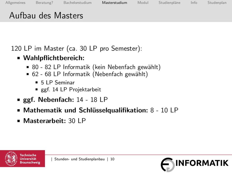 gewählt) 62-68 LP Informatik (Nebenfach gewählt) 5 LP Seminar ggf.