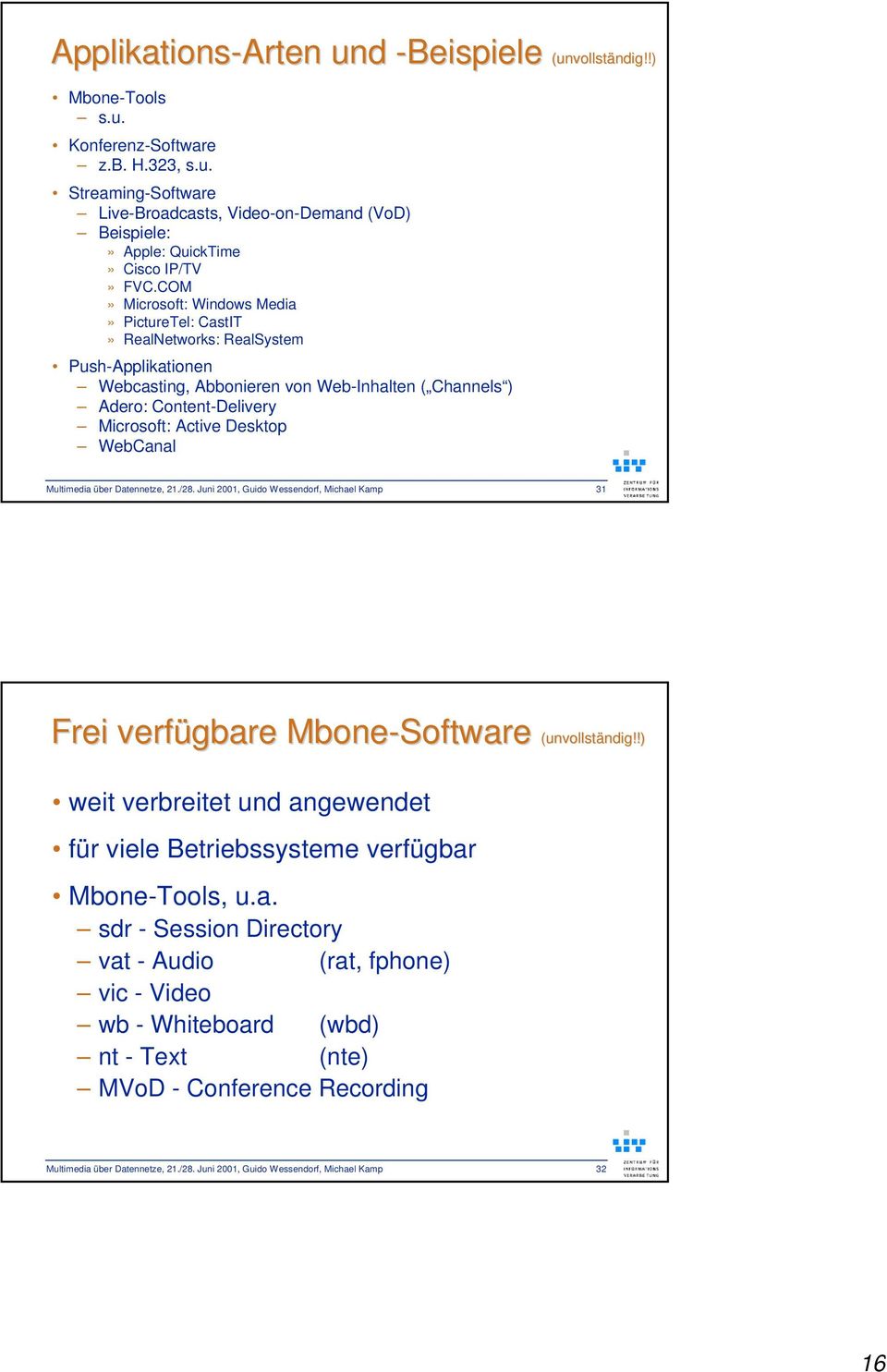 WebCanal Multimedia über Datennetze, 21./28. Juni 2001, Guido Wessendorf, Michael Kamp 31 Frei verfügbare Mbone-Software (unvollständig!!) ndig!