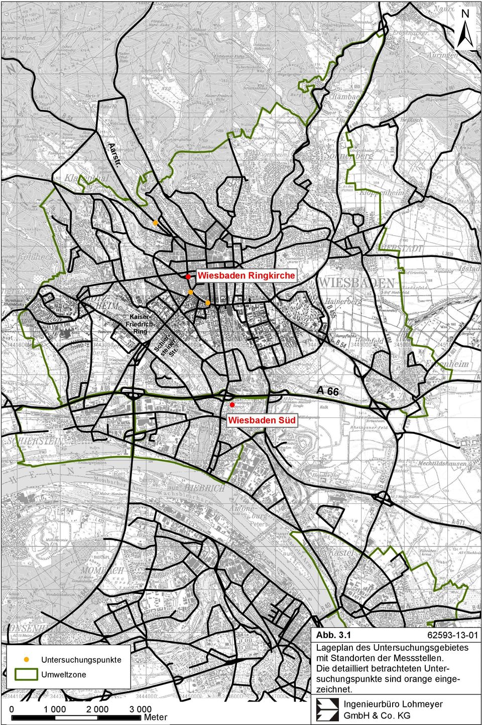1 62593-13-01 Lageplan des Untersuchungsgebietes mit Standorten der Messstellen.
