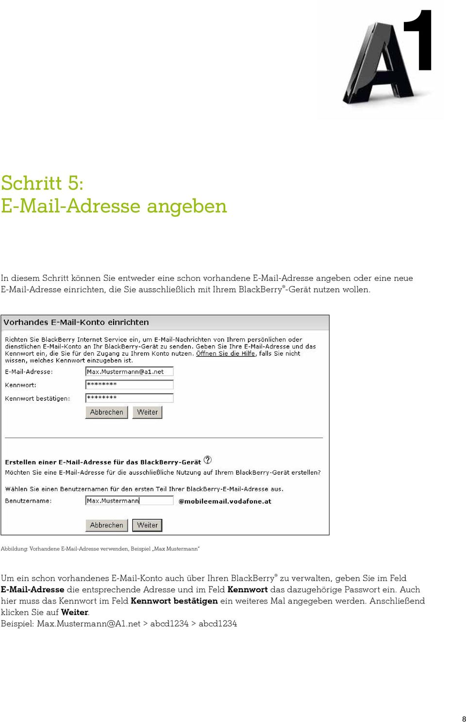 Abbildung: Vorhandene E-Mail-Adresse verwenden, Beispiel Max Mustermann Um ein schon vorhandenes E-Mail-Konto auch über Ihren BlackBerry zu verwalten, geben Sie im