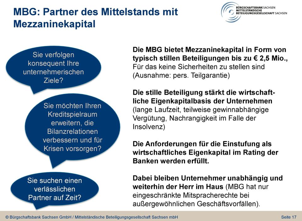 Die MBG bietet Mezzaninekapital in Form von typisch stillen Beteiligungen bis zu 2,5 Mio., Für das keine Sicherheiten zu stellen sind (Ausnahme: pers.