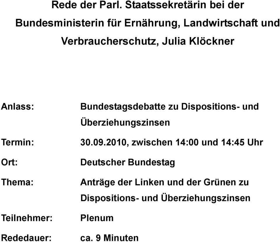 Julia Klöckner Anlass: Termin: Ort: Thema: Teilnehmer: Rededauer: Bundestagsdebatte zu