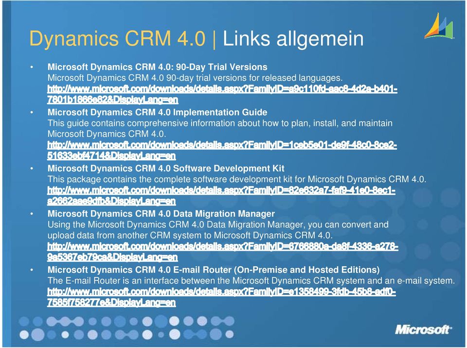 0. 0 Microsoft Dynamics CRM 4.0 Software Development Kit This package contains the complete software development kit for Microsoft Dynamics CRM 4.0. Microsoft Dynamics y CRM 4.