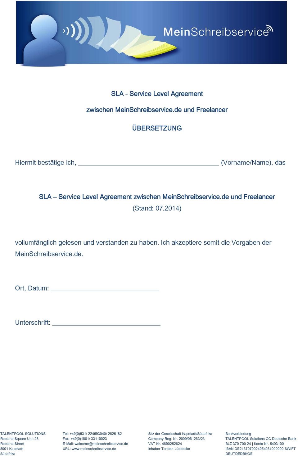 Level Agreement zwischen MeinSchreibservice.de und Freelancer (Stand: 07.