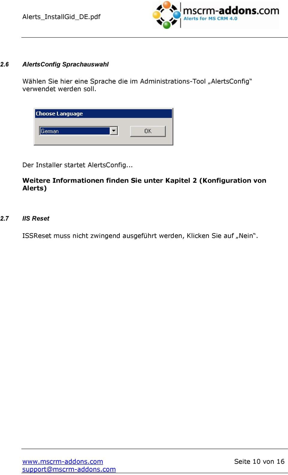 Der Installer startet AlertsConfig.