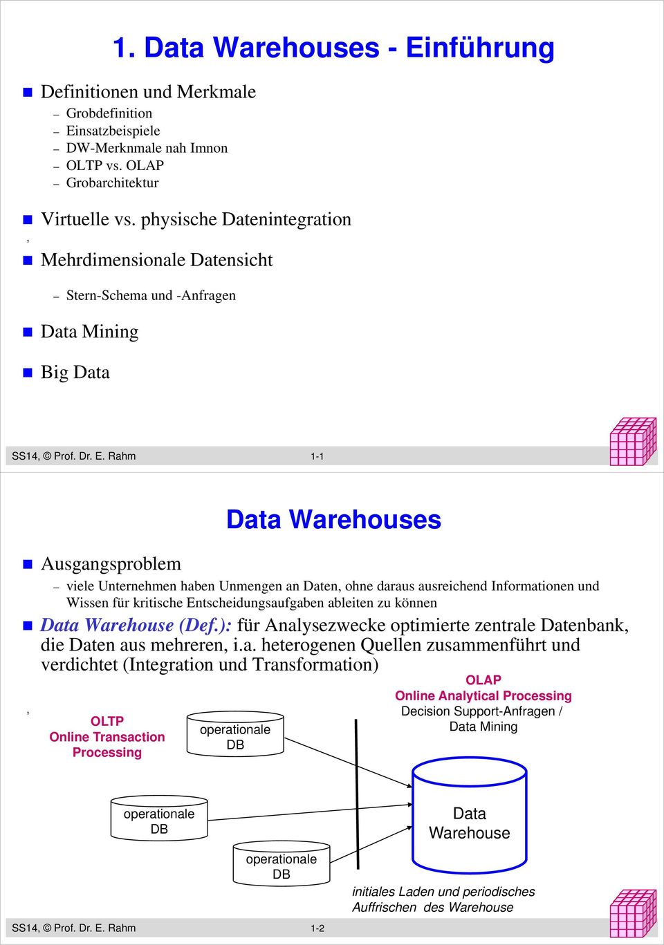 Rahm 1-1 Ausgangsproblem Data Warehouses viele Unternehmen haben Unmengen an Daten ohne daraus ausreichend Informationen und Wissen für kritische Entscheidungsaufgaben ableiten zu können Data