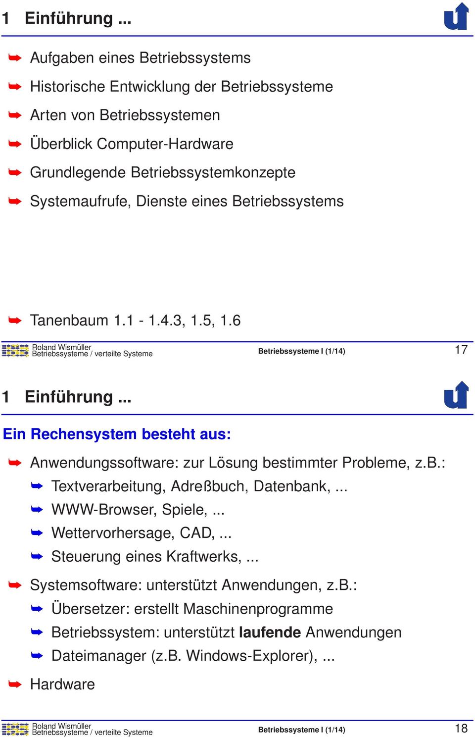 Betriebssystems Tanenbaum 1.1-1.4.3, 1.5, 1.6 Betriebssysteme / verteilte Systeme Betriebssysteme I (1/14) 17 .. Ein Rechensystem besteht aus: Anwendungssoftware: zur Lösung bestimmter Probleme, z.b.: Textverarbeitung, Adreßbuch, Datenbank,.