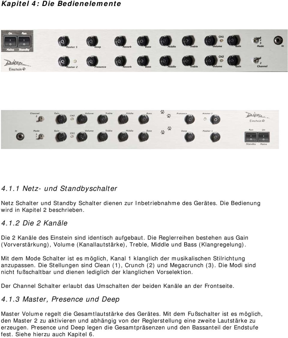 Mit dem Mode Schalter ist es möglich, Kanal 1 klanglich der musikalischen Stilrichtung anzupassen. Die Stellungen sind Clean (1), Crunch (2) und Megacrunch (3).