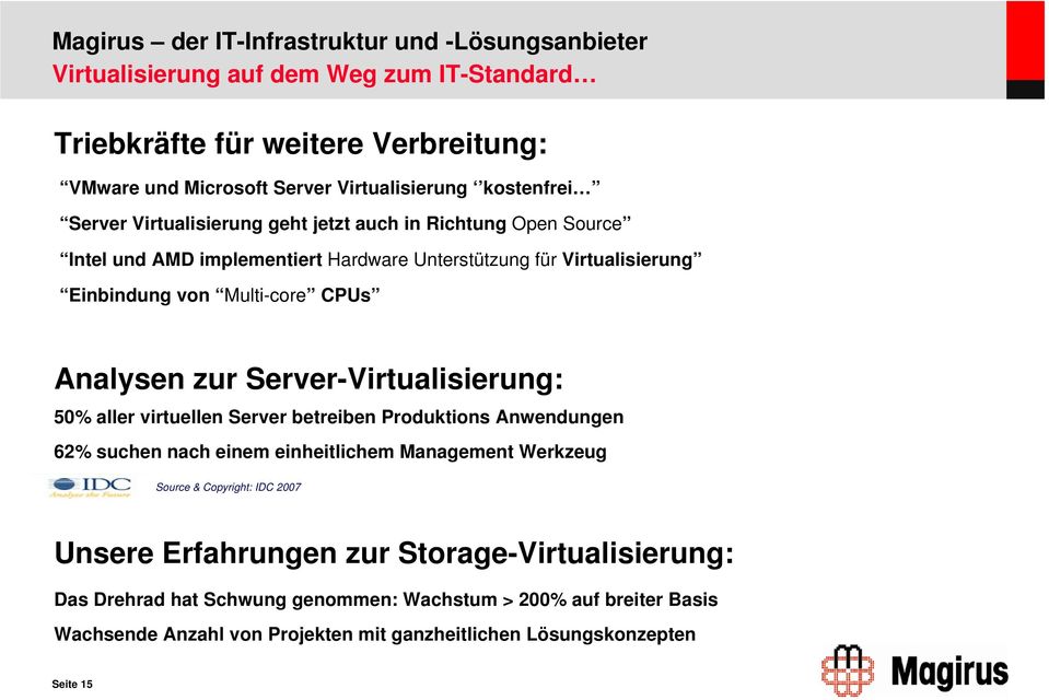 Server-Virtualisierung: 50% aller virtuellen Server betreiben Produktions Anwendungen 62% suchen nach einem einheitlichem Management Werkzeug Source & Copyright: IDC