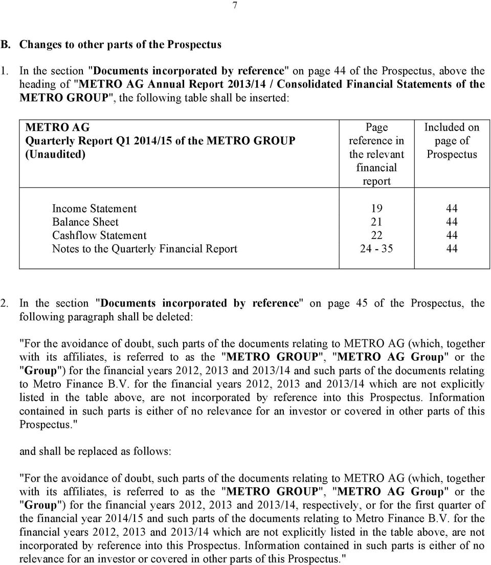 following table shall be inserted: METRO AG Quarterly Report Q1 2014/15 of the METRO GROUP (Unaudited) Page reference in the relevant financial report Included on page of Prospectus Income Statement