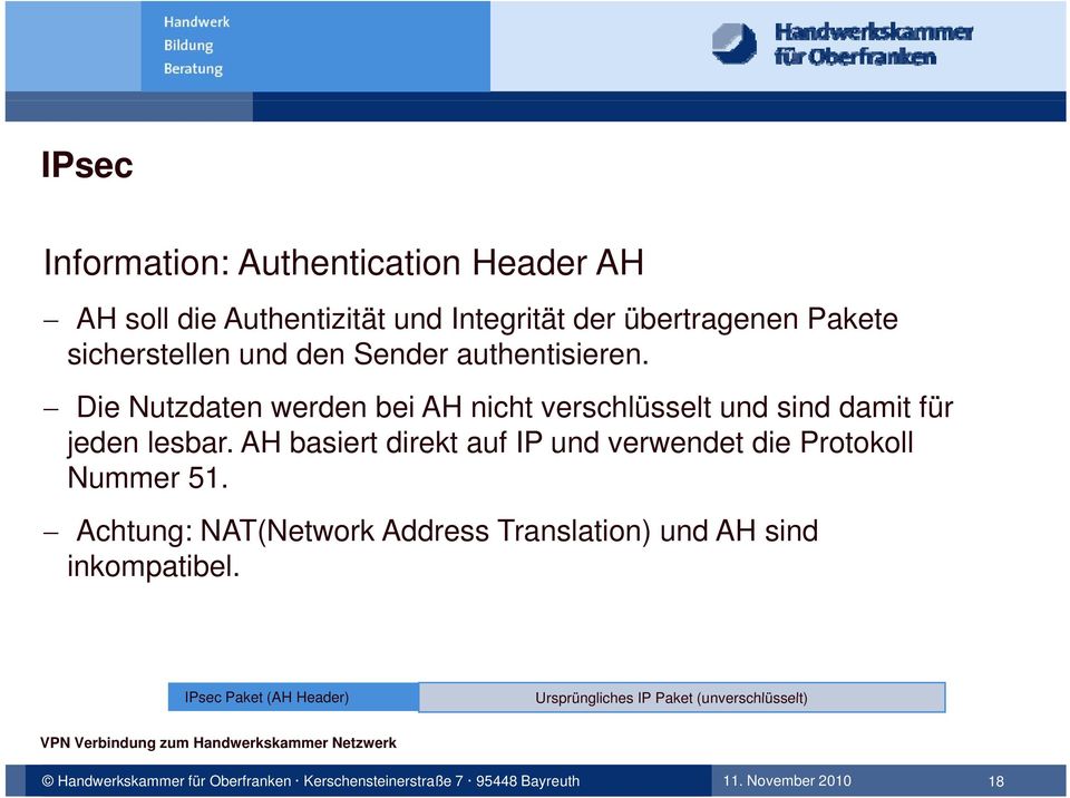 AH basiert direkt auf IP und verwendet die Protokoll Nummer 51. Achtung: NAT(Network Address Translation) und AH sind inkompatibel.