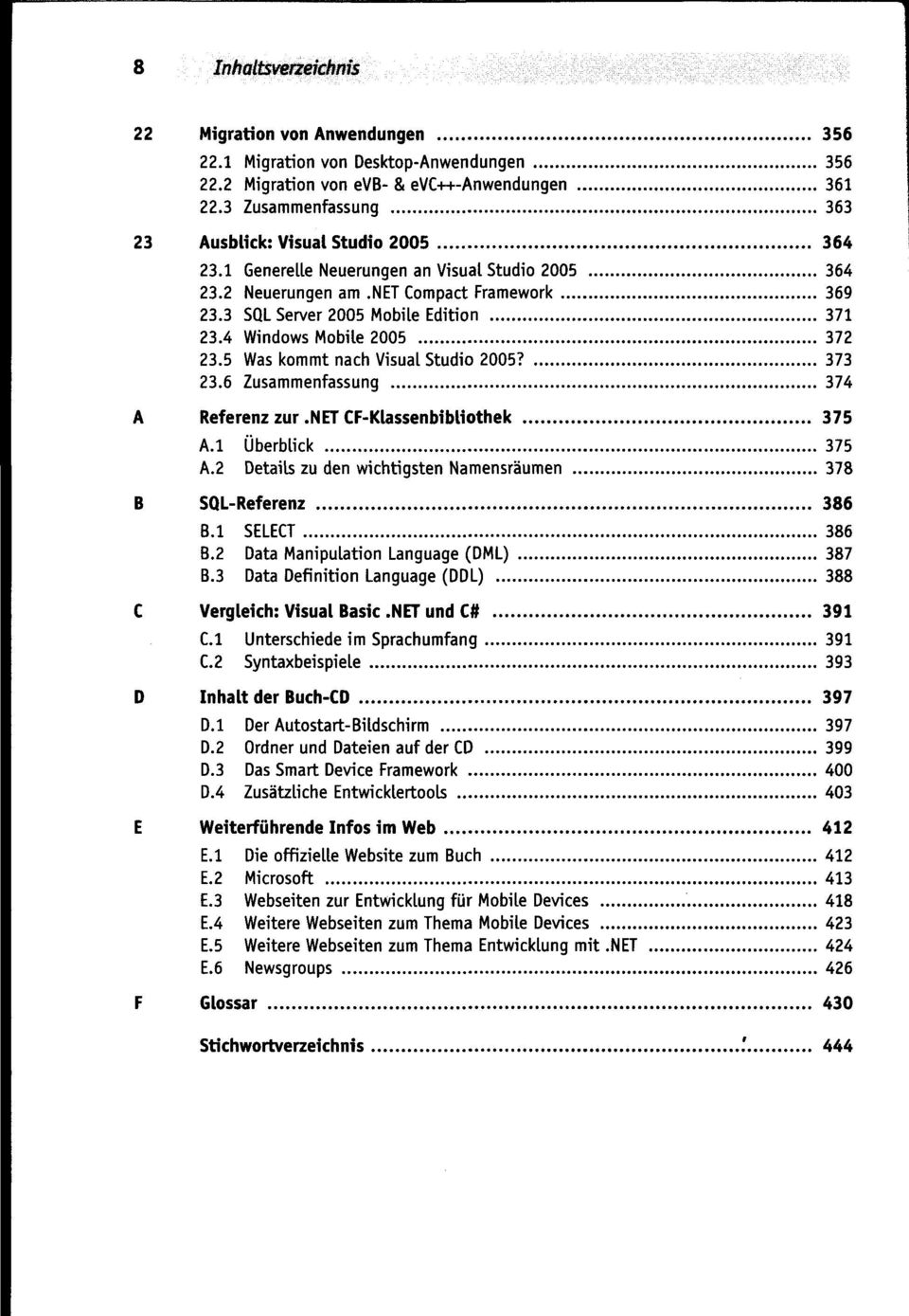 4 Windows Mobile 2005 372 23.5 Was kommt nach Visual Studio 2005? 373 23.6 Zusammenfassung 374 A Referenz zur.net CF-Klassenbibliothek 375 A.l Überblick 375 A.