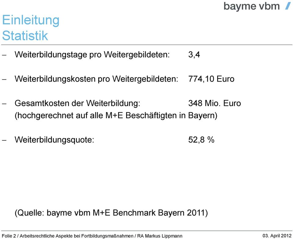 Euro (hochgerechnet auf alle M+E Beschäftigten in Bayern) Weiterbildungsquote: 52,8 %